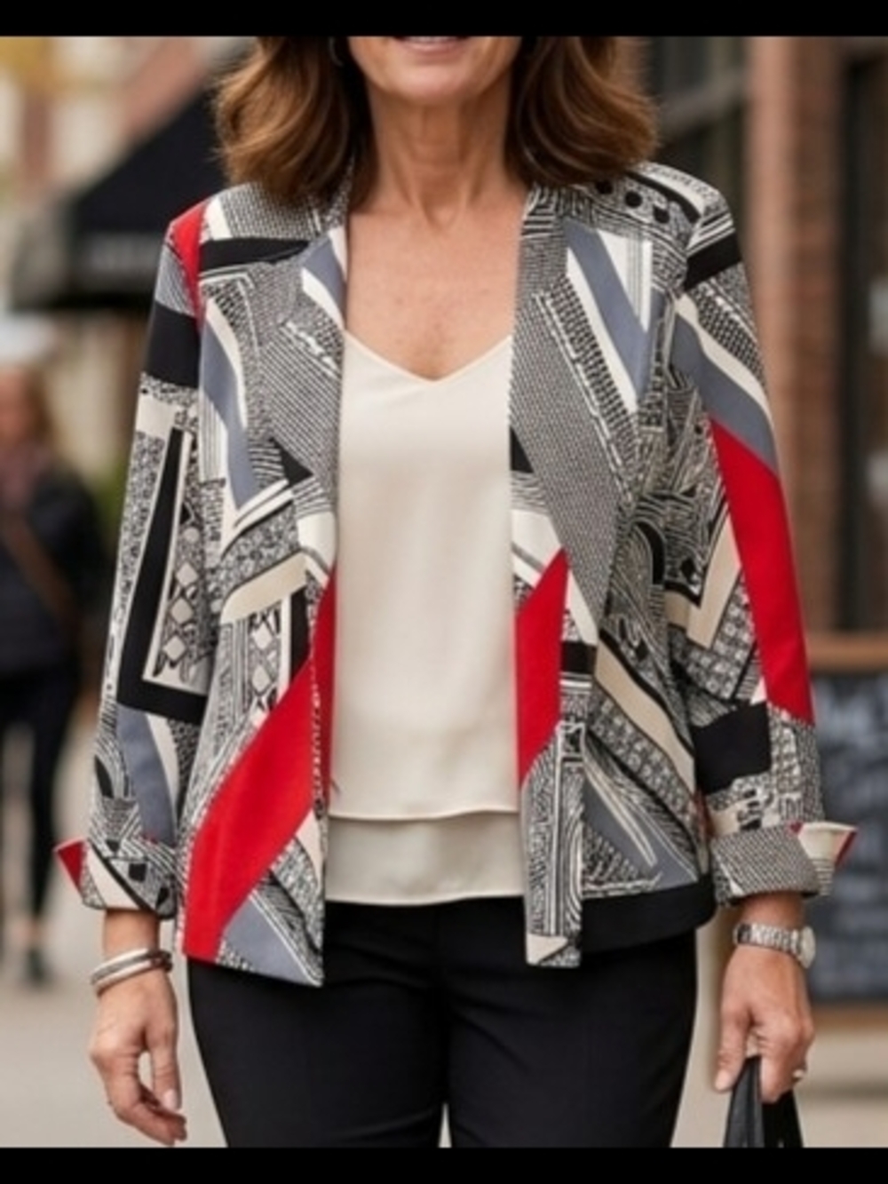 Chico's Geometric Print Blazer Jacket Red Black Size 3 XL Cotton Blend Zip Pocke